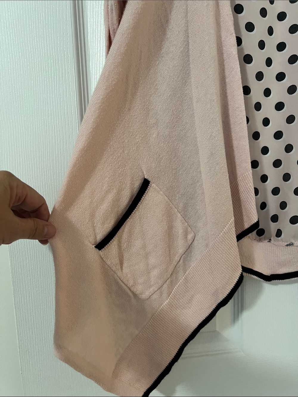 Elle Blush Pink Open-Front Cardigan with Black Trim - Picture 3 of 15